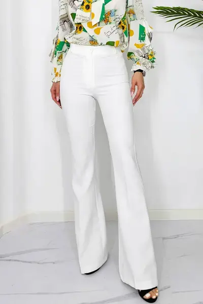 Pantaloni eleganti, Katte, croiala evazata si talie inalta, Alb