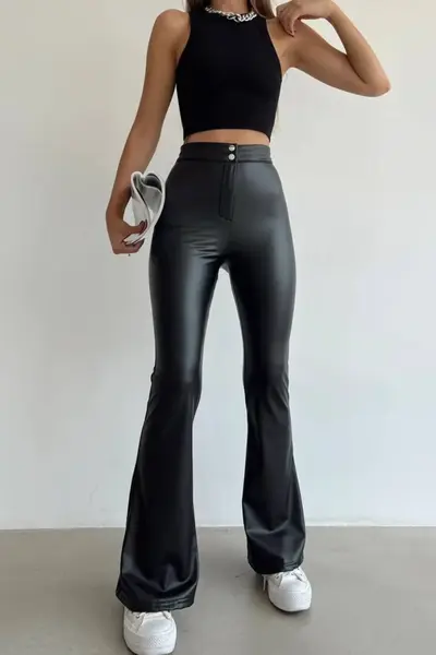 Pantaloni evazati Balkan, din piele ecologica, cu banda fixa in talie, Negru
