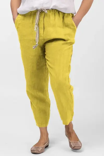 Pantaloni galben din in, pana, cu snur alb