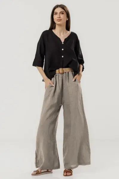 Pantaloni largi de vara, din in cu croi lejer si curea din sfoara, bej inchis