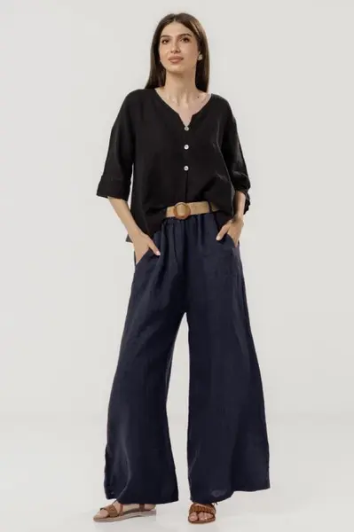 Pantaloni largi de vara, din in cu croi lejer si curea din sfoara, bleumarin