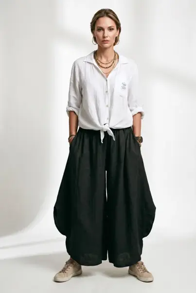 Pantaloni largi de vara, din in, cu croiala ampla si rotunjiri laterale, negru