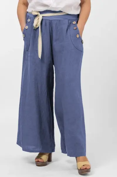 Pantaloni largi de vara, din in, cu nasturi din lemn la buzunare, albastru jeans