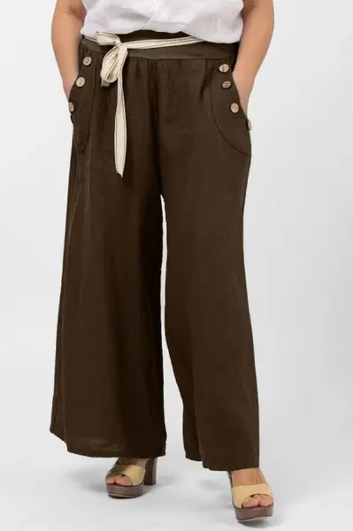 Pantaloni largi de vara, din in, cu nasturi din lemn la buzunare, maron