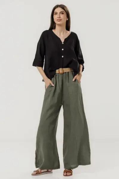 Pantaloni largi de vara, din in kaki cu croi lejer si curea din sfoara