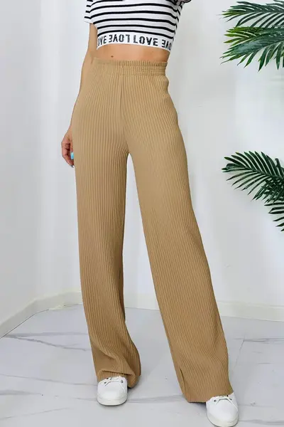 Pantaloni lejeri OTY, cu croi evazat si banda elastica in talie, Crem