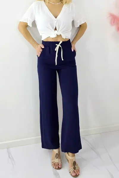 Pantaloni lungi dama, MERON, cu bumbac si banda elastica, Bleumarin