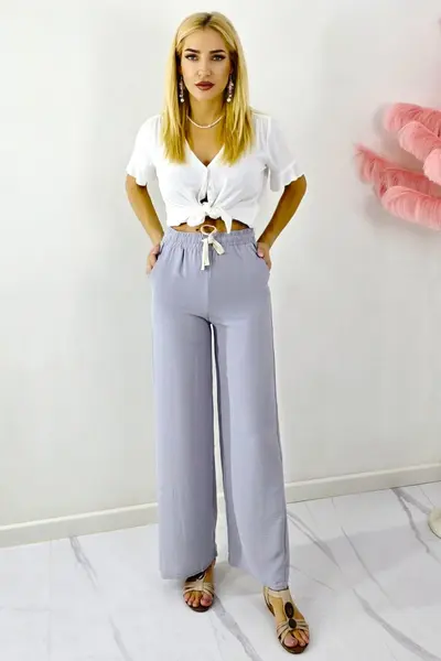 Pantaloni lungi de zi, bumbac MERON, cu snur si croi larg, GRI