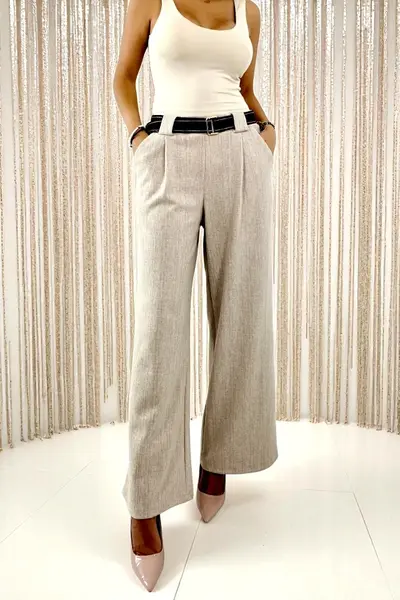 Pantaloni lungi si curea textila PERSEA, croi wide leg, Crem