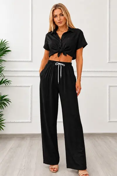 Pantaloni lungi, texturati Marietta, cu snur in talie, NEGRU