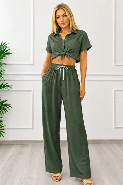 Pantaloni lungi, texturati Marietta, cu snur in talie, Verde