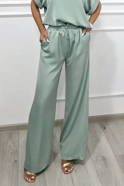 Pantaloni lungi vaporosi LYRA, croi larg cu banda elastica, Vernil