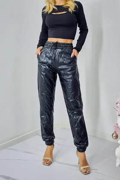 Pantaloni matlasati Lukas, din piele ecologica si cusaturi evidentiate, Negru