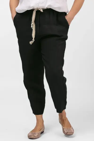 Pantaloni negri din in, pana, cu snur alb
