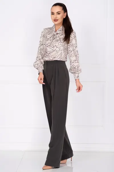 Pantaloni office gri Pretty Girl drepti cu pliuri in talie
