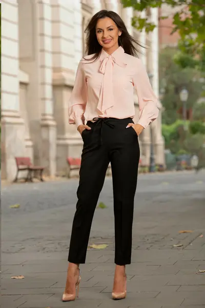 Pantaloni office negri drepti cu elastic in talie