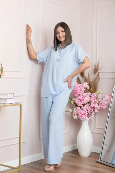 Pantaloni palazzo Athena cu talie elastica si insertii argintii - Bleu