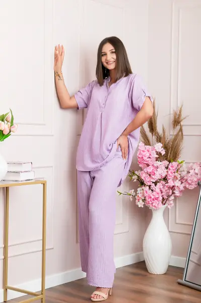 Pantaloni palazzo Athena cu talie elastica si insertii argintii - Lila