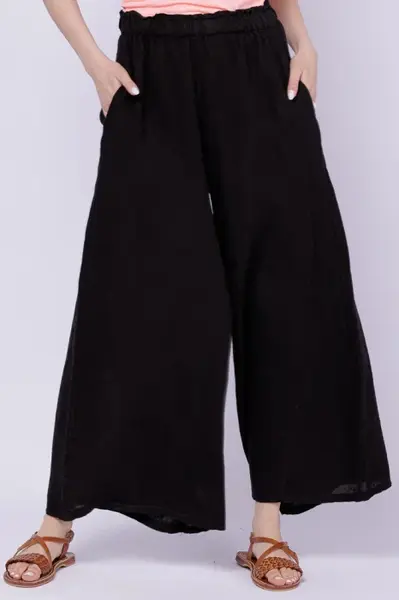 Pantaloni palazzo din in cu croi amplu, negri