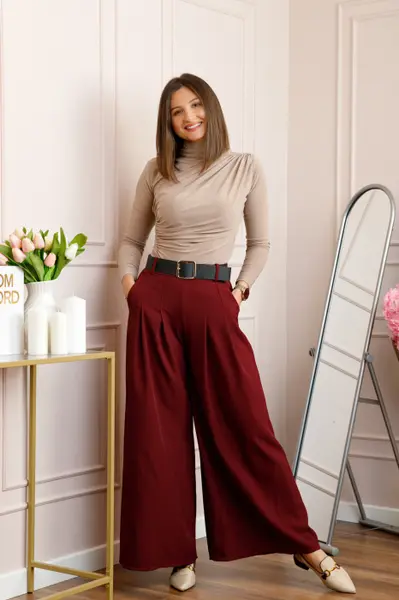 Pantaloni palazzo grena cu talie elastica si curea reglabila Savannah
