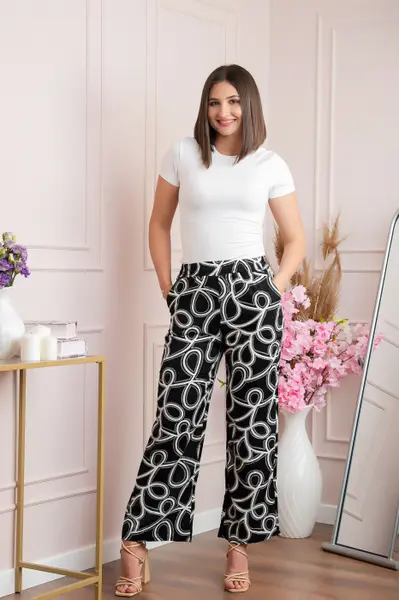 Pantaloni palazzo Hanna cu imprimeu abstract negru-alb
