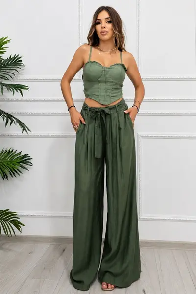 Pantaloni palazzo Nayana, cu banda elastica si cordon, Verde inchis, Marime S/M/L