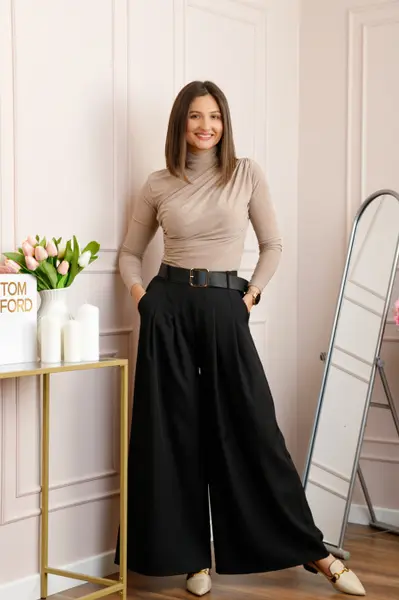 Pantaloni palazzo negri cu talie elastica si curea reglabila Savannah