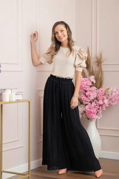 Pantaloni plisati Coraline din voal cu talie elastica - Bleumarin