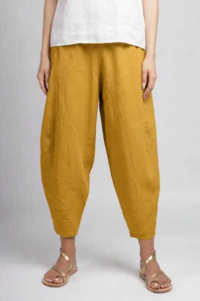 Pantaloni salvari din in cu croi lejer si volumetric, galben mustar