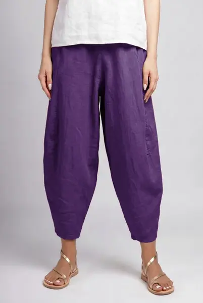 Pantaloni salvari din in cu croi lejer si volumetric, mov