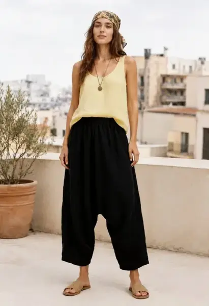 Pantaloni salvari din in cu talie elastica, negri