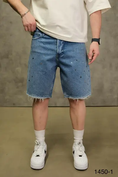 PANTALONI SCURȚI DIN DENIM ALBAȘTRI CU STRASURI ȘI DETALII DECORATIVE PSAS222(1450-1) (MĂRIME: 34)