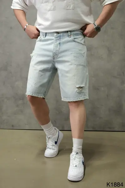 PANTALONI SCURȚI DIN DENIM BLEACH CU EFECT UZAT PSAS225(1884) (MĂRIME: 30)