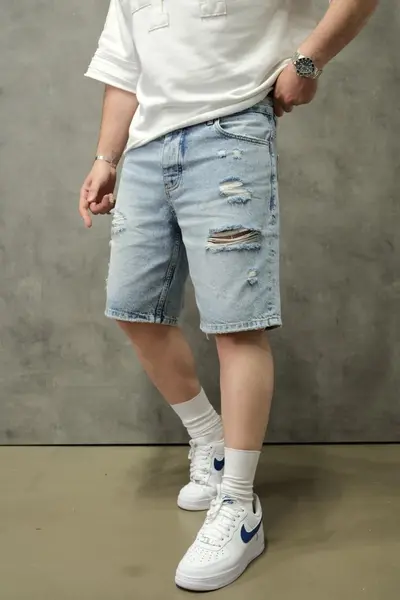 PANTALONI SCURȚI DIN DENIM BLEACH CU EFECT UZAT ȘI RUPTURI DECORATIVE PSAS224(1883) (MĂRIME: 36)