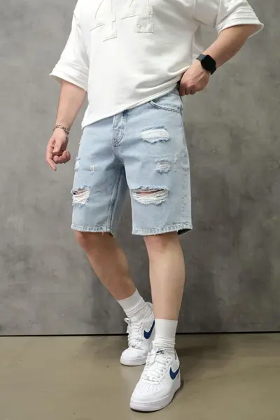 PANTALONI SCURȚI DIN DENIM BLEACH CU RUPTURI DECORATIVE PSAS223(1839) (MĂRIME: 31)