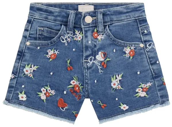 Pantaloni scurți pentru copii Guess - cu franjuri și flori, albaștri, 12 luni