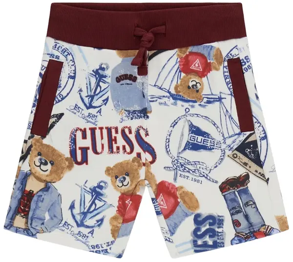 Pantaloni scurți pentru copii Guess - Ursuleț cu blugi și imprimeuri, multicolori, 18 luni