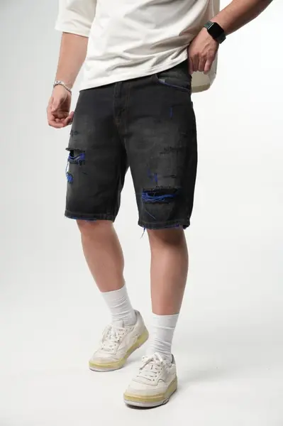 PANTALONI SCURTI RUPTI BLACK-BLUE PSAS211(9520) (MĂRIME: 34)