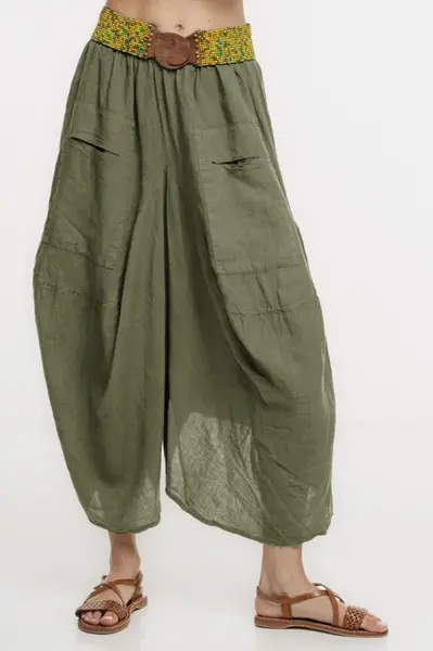 Pantaloni tip salvari din in, croiala asimetrica si buzunare, kaki