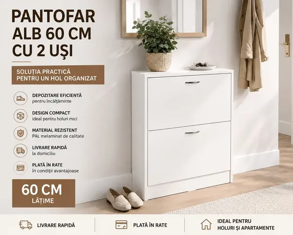 Pantofar alb 60 cm cu 2 usi - mobilier compact pentru hol
