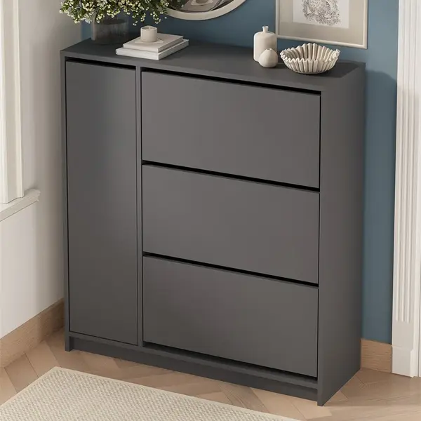 Pantofar Gizem cu usi basculante, dulap pantofi 105.2 x 35.4 x 116.5 cm capacitate 12-16 perechi, mobilier hol compact, PAL melaminat 18 mm clasa E1, mecanism flip-down pentru acces rapid, stil modern scandinav