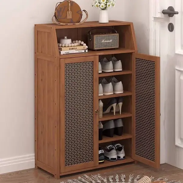 Pantofar hol HAWIRE PF-02 cu 2 usi, din bambus, 100x60x31 cm, model vertical pentru hol mic, depozitare incaltaminte, design retro