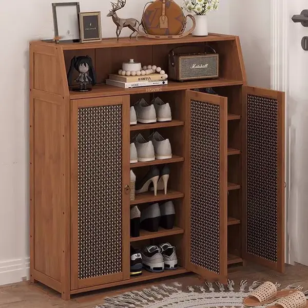 Pantofar hol HAWIRE PF-03 cu 3 usi din bambus, 100x90x31 cm, Model vertical pentru hol mic, Depozitare incaltaminte, Design retro, Natural