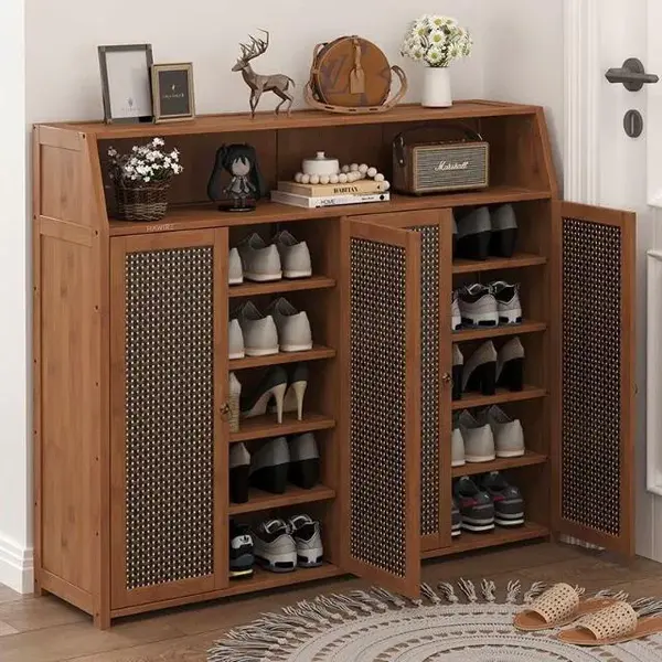 Pantofar hol HAWIRE PF-04 cu 4 usi din bambus, 100x118x31 cm, Depozitare incaltaminte, Design retro, Natural