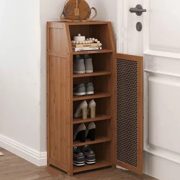 Pantofar hol ingust HAWIRE PF-01 cu o usa din bambus, 100x32x31cm, Model vertical pentru hol mic, Depozitare incaltaminte, Design retro ventilat, Natu