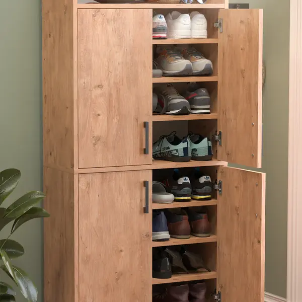 Pantofar modern 72x32x170 cm, cu 4 usi si 9 rafturi, pentru hol, intrare sau depozitare incaltaminte