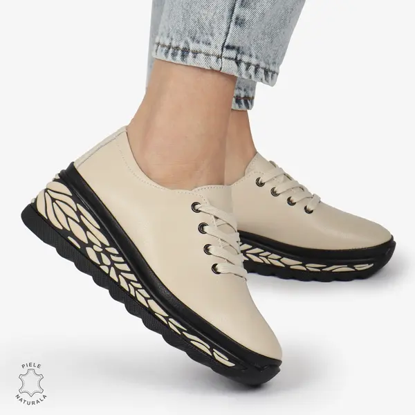 Pantofi Casual dama din Piele naturala CU DESIGN PE TALPA SIRET CRL1345 BEJ