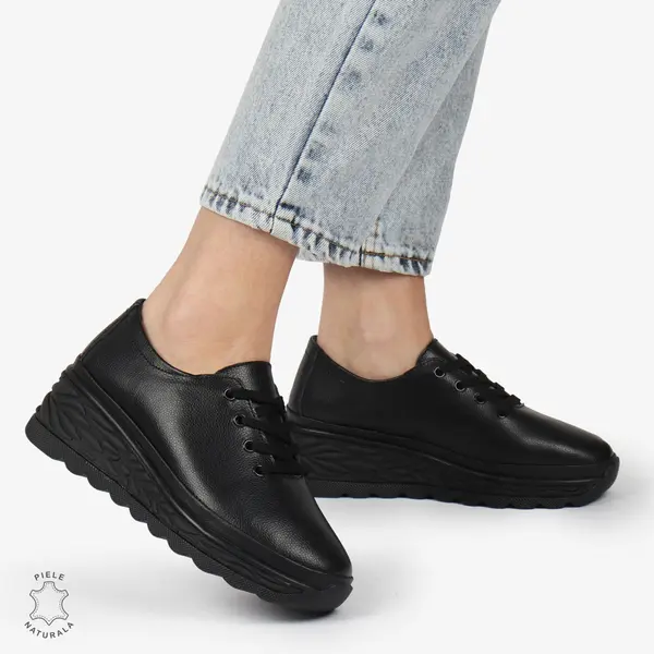 Pantofi Casual dama din Piele naturala CU DESIGN PE TALPA SIRET CRL1345 NEGRU