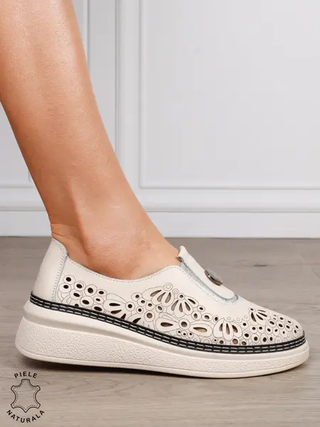 Pantofi Casual dama din Piele naturala cu model Perforat CRL1600 BEJ