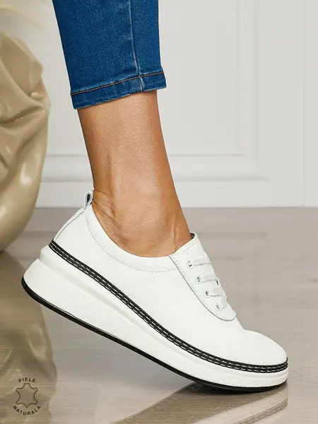 Pantofi CASUAL dama din piele naturala cu siret CONFORTABILE CRL1460 ALB
